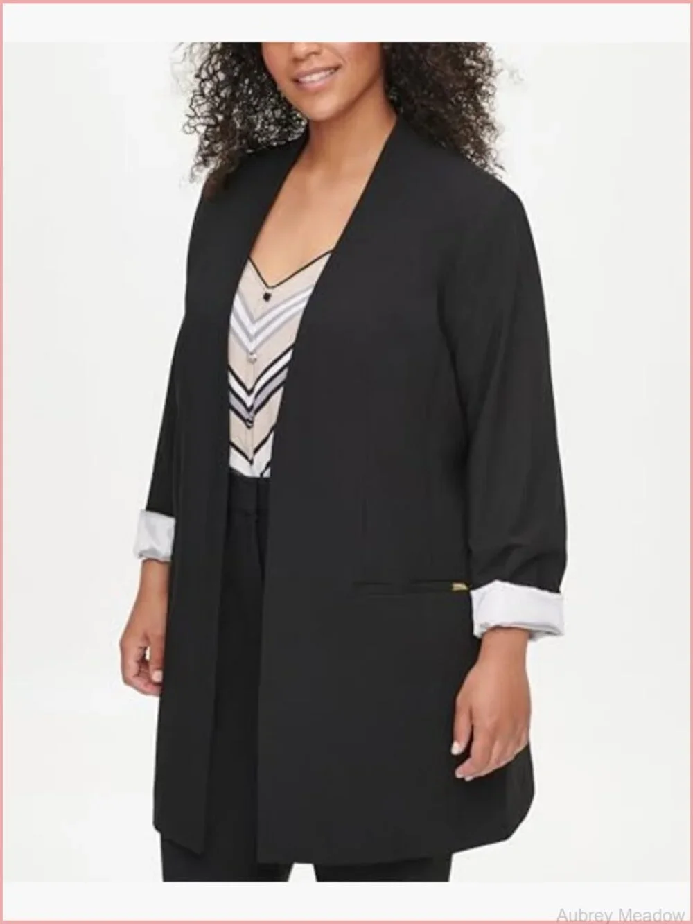 Open Front Suit Blazer 34in Length 3/4 Sleeve Band Collar